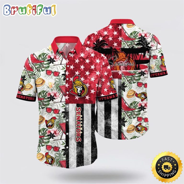 NHL Ottawa Senators Hawaiian Shirt Tropical Hat And Glasses Pattern Summer Hawaiian Shirt