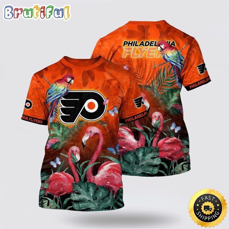 NHL Philadelphia Flyers All Over Print T Shirt Tropical Parrot And Flamingo Motifs Summer T Shirt
