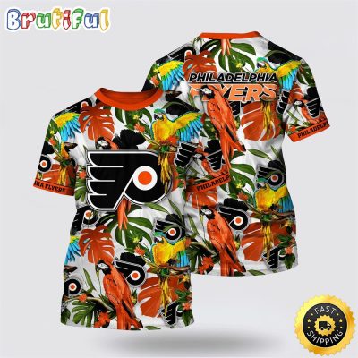 NHL Philadelphia Flyers All Over Print T Shirt Tropical Parrot Pattern Summer T Shirt