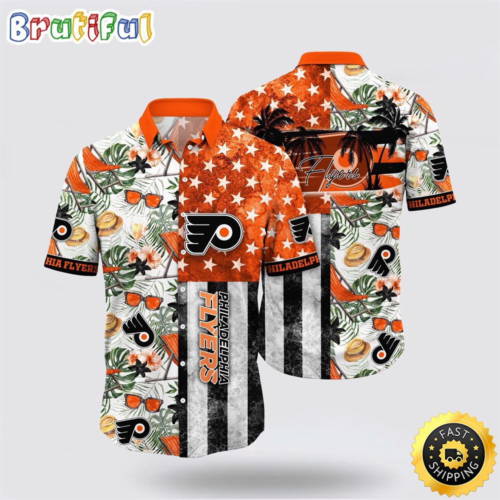 NHL Philadelphia Flyers Hawaiian Shirt Tropical Hat And Glasses Pattern Summer Hawaiian Shirt