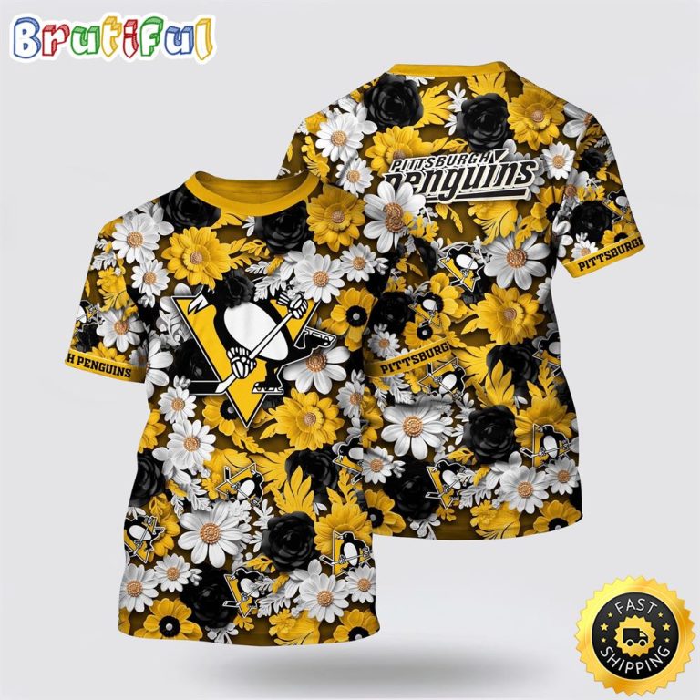 NHL Pittsburgh Penguins All Over Print T Shirt Tropical Begonia Flower Pattern Summer T Shirt