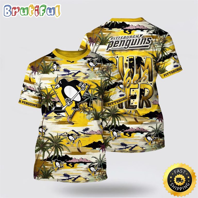 NHL Pittsburgh Penguins All Over Print T Shirt Tropical Desert Island Motif Summer T Shirt