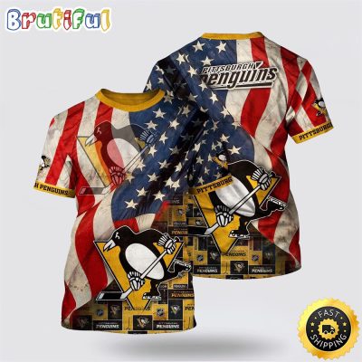 NHL Pittsburgh Penguins All Over Print T Shirt With American Flag Pattern Summer T Shirt