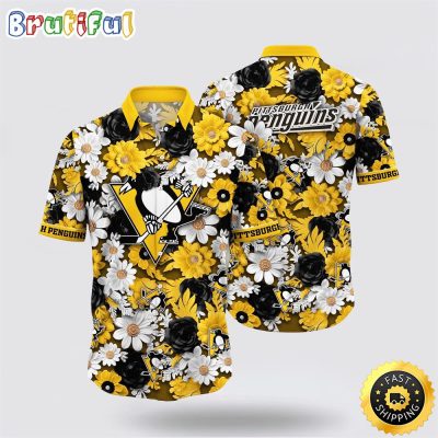 NHL Pittsburgh Penguins Hawaiian Shirt Tropical Begonia Flower Pattern Summer Hawaiian Shirt