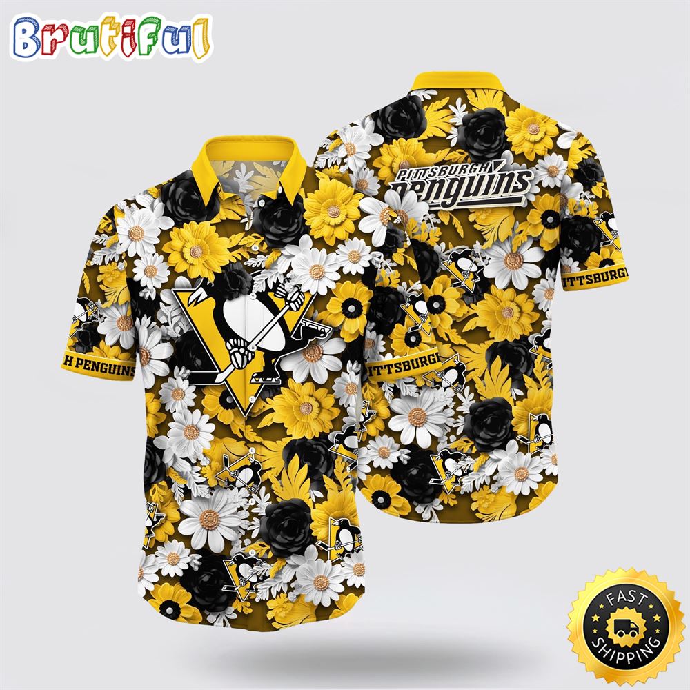 NHL Pittsburgh Penguins Hawaiian Shirt Tropical Begonia Flower Pattern Summer Hawaiian Shirt