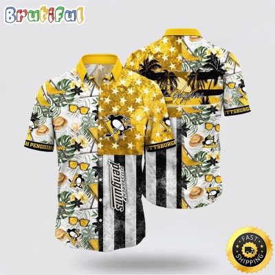 NHL Pittsburgh Penguins Hawaiian Shirt Tropical Hat And Glasses Pattern Summer Hawaiian Shirt