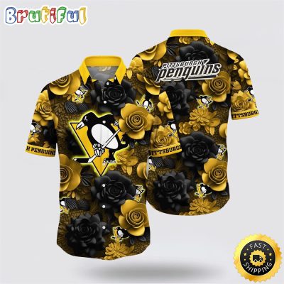 NHL Pittsburgh Penguins Hawaiian Shirt Tropical Rose Pattern Summer Hawaiian Shirt