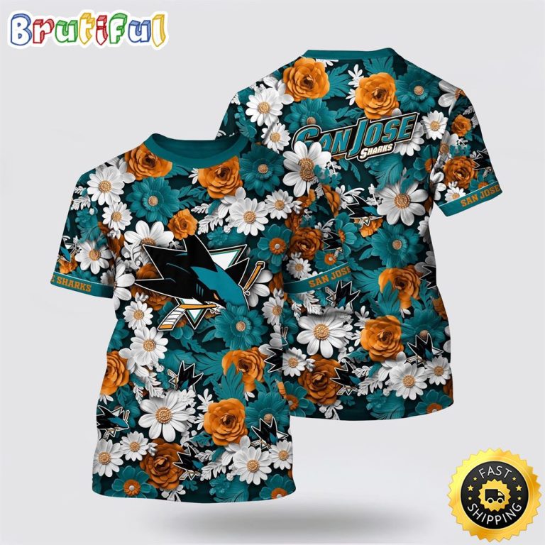 NHL San Jose Sharks All Over Print T Shirt Tropical Begonia Flower Pattern Summer T Shirt
