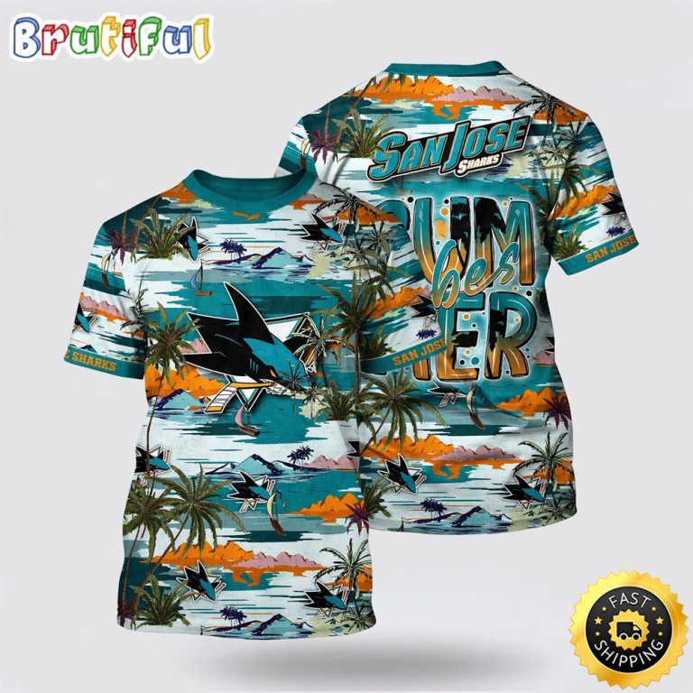 NHL San Jose Sharks All Over Print T Shirt Tropical Desert Island Motif Summer T Shirt