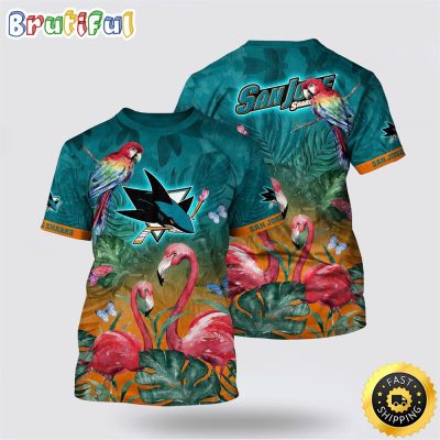 NHL San Jose Sharks All Over Print T Shirt Tropical Parrot And Flamingo Motifs Summer T Shirt