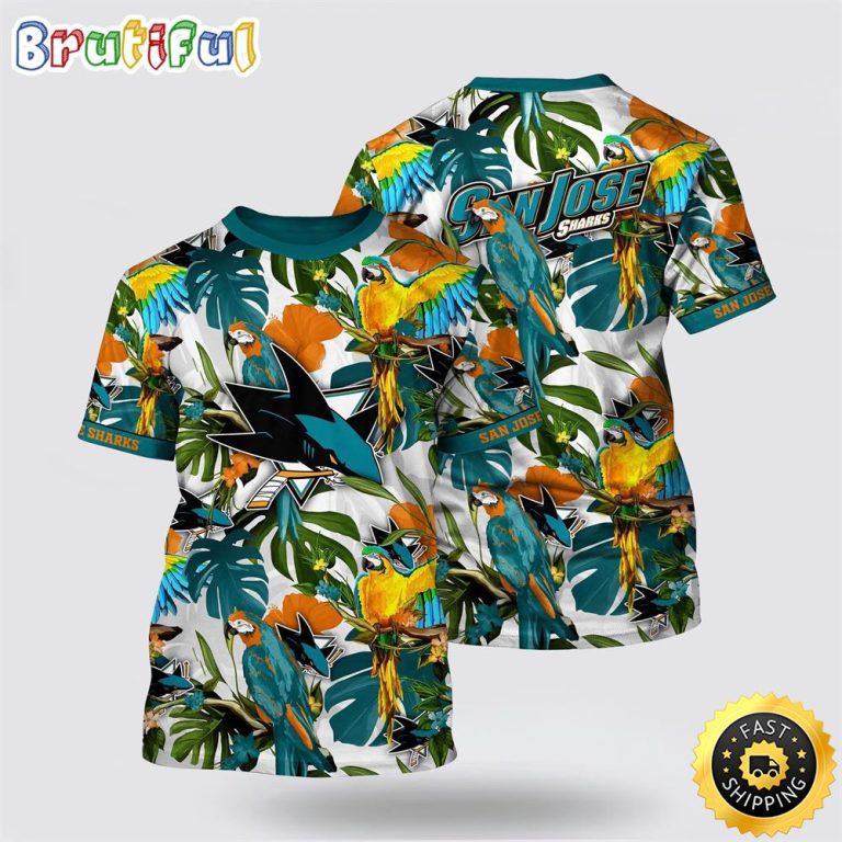 NHL San Jose Sharks All Over Print T Shirt Tropical Parrot Pattern Summer T Shirt