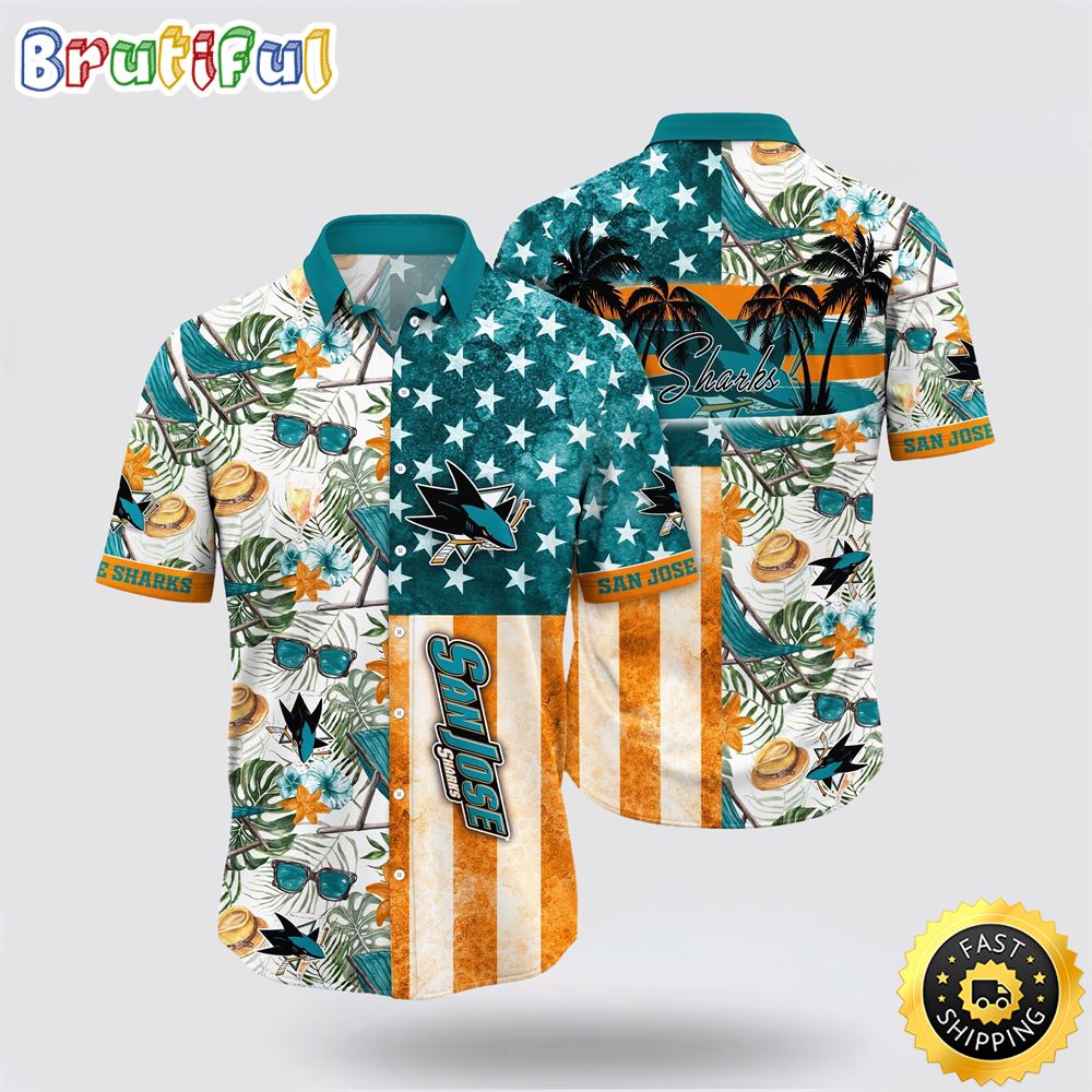 NHL San Jose Sharks Hawaiian Shirt Tropical Hat And Glasses Pattern Summer Hawaiian Shirt NHL San Jose Sharks Hawaiian Shirt Tropical Hat And Glasses Pattern Summer Hawaiian Shirt