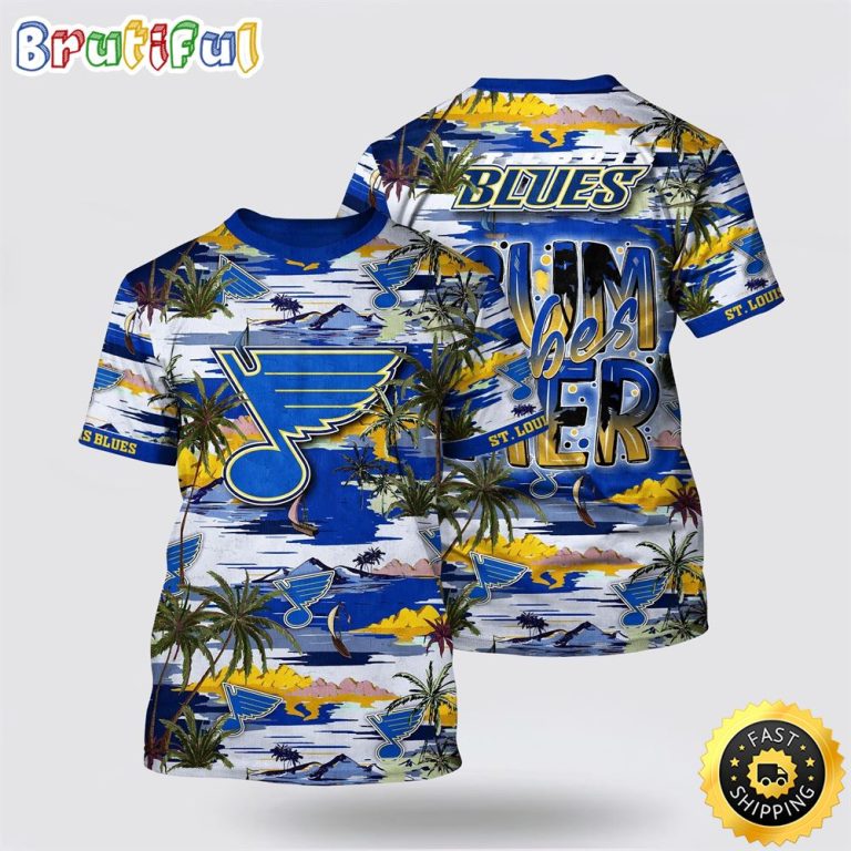 NHL St. Louis Blues All Over Print T Shirt Tropical Desert Island Motif Summer T Shirt