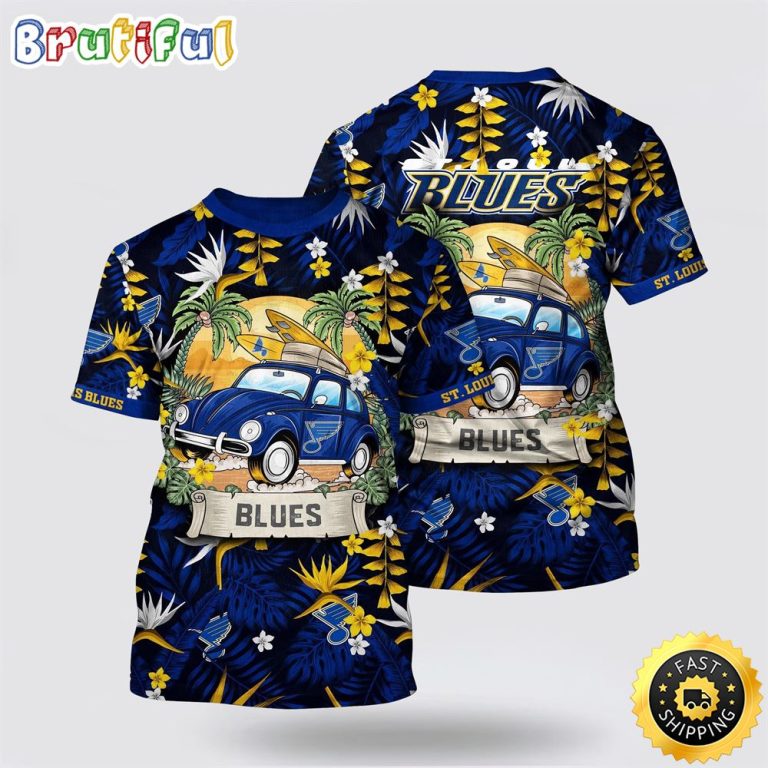 NHL St. Louis Blues All Over Print T Shirt Tropical Forest Motif Car Traveling Summer T Shirt