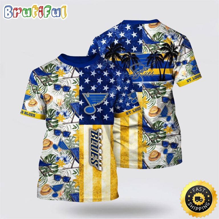 NHL St. Louis Blues All Over Print T Shirt Tropical Hat And Glasses Pattern Summer T Shirt