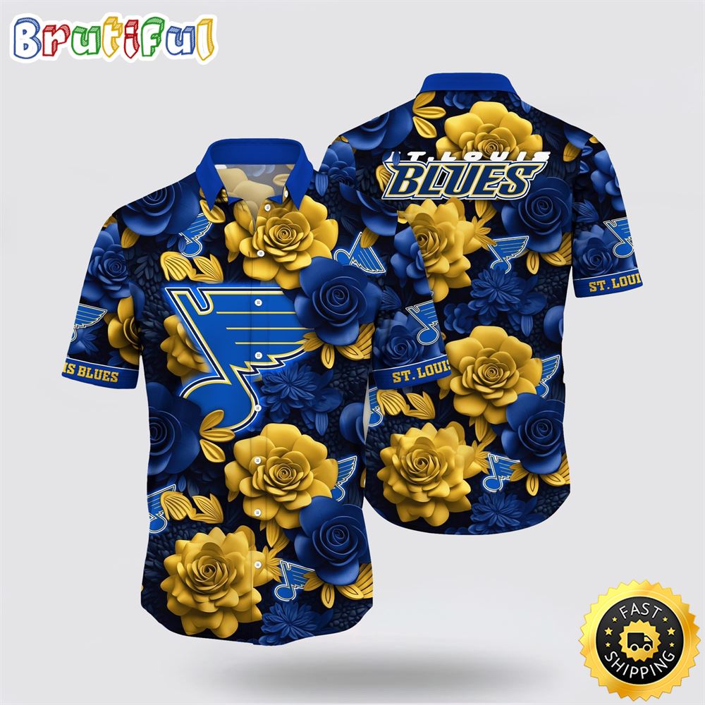 NHL St. Louis Blues Hawaiian Shirt Tropical Rose Pattern Summer Hawaiian Shirt NHL St. Louis Blues Hawaiian Shirt Tropical Rose Pattern Summer Hawaiian Shirt