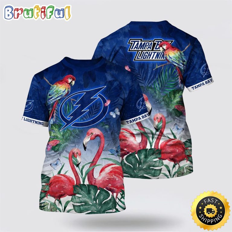 NHL Tampa Bay Lightning All Over Print T Shirt Tropical Parrot And Flamingo Motifs Summer T Shirt