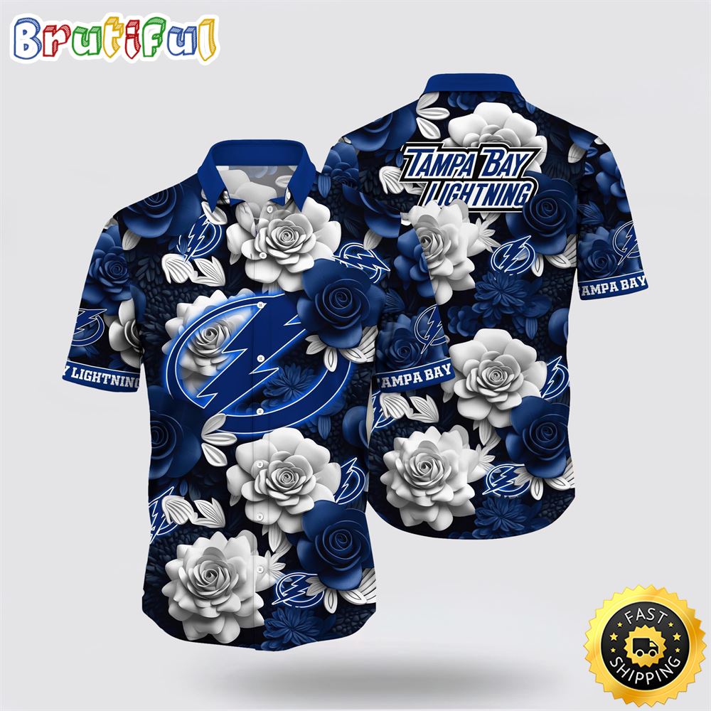 NHL Tampa Bay Lightning Hawaiian Shirt Tropical Rose Pattern Summer Hawaiian Shirt NHL Tampa Bay Lightning Hawaiian Shirt Tropical Rose Pattern Summer Hawaiian Shirt