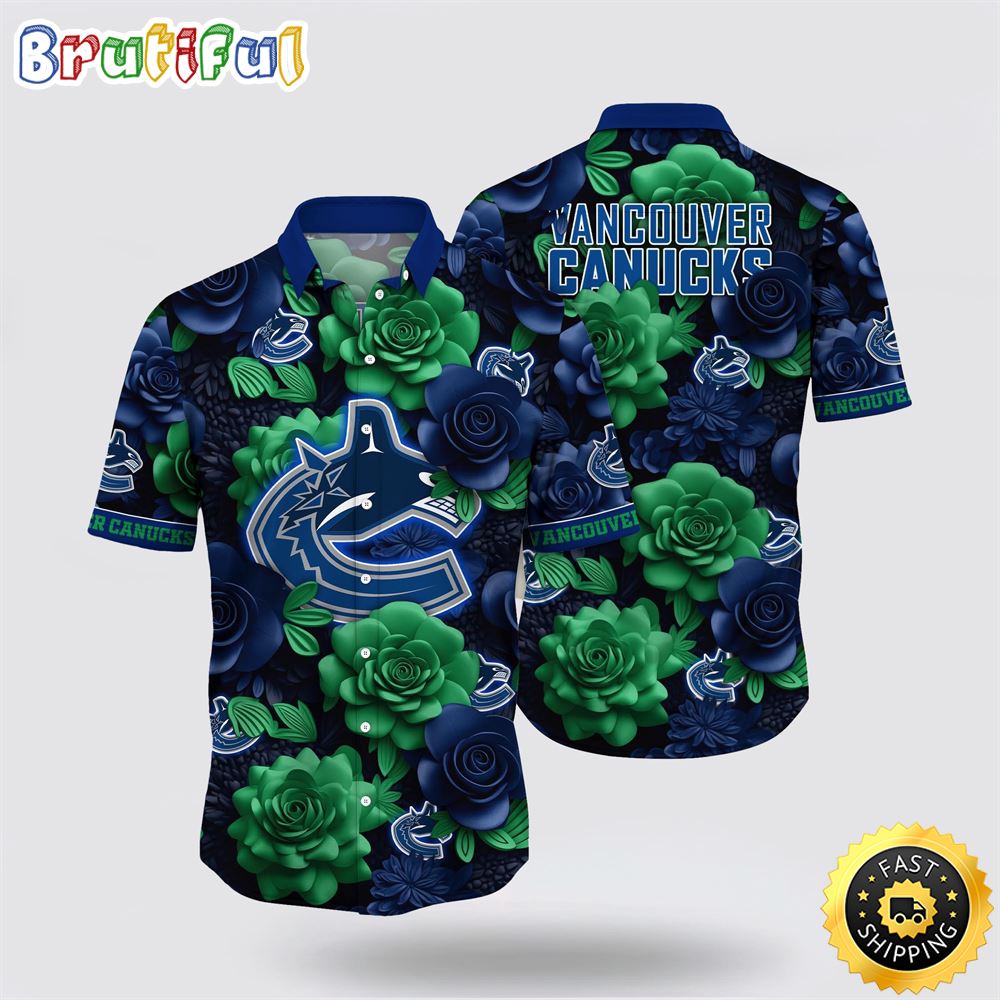 NHL Vancouver Canucks Hawaiian Shirt Tropical Rose Pattern Summer Hawaiian Shirt NHL Vancouver Canucks Hawaiian Shirt Tropical Rose Pattern Summer Hawaiian Shirt