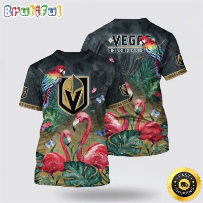 NHL Vegas Golden Knights All Over Print T Shirt Tropical Parrot And Flamingo Motifs Summer T Shirt