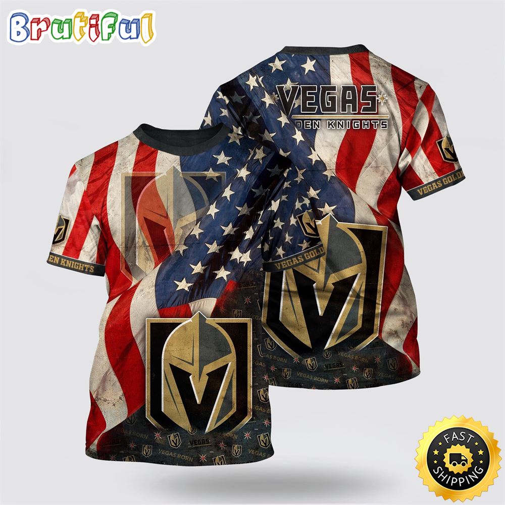 NHL Vegas Golden Knights All Over Print T Shirt With American Flag Pattern Summer T Shirt