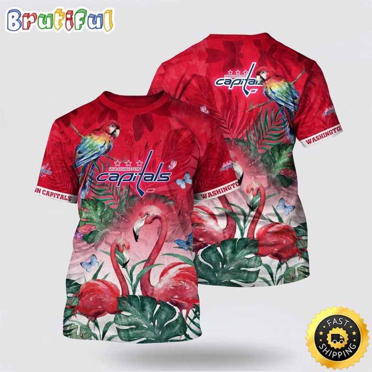 NHL Washington Capitals All Over Print T Shirt Tropical Parrot And Flamingo Motifs Summer T Shirt