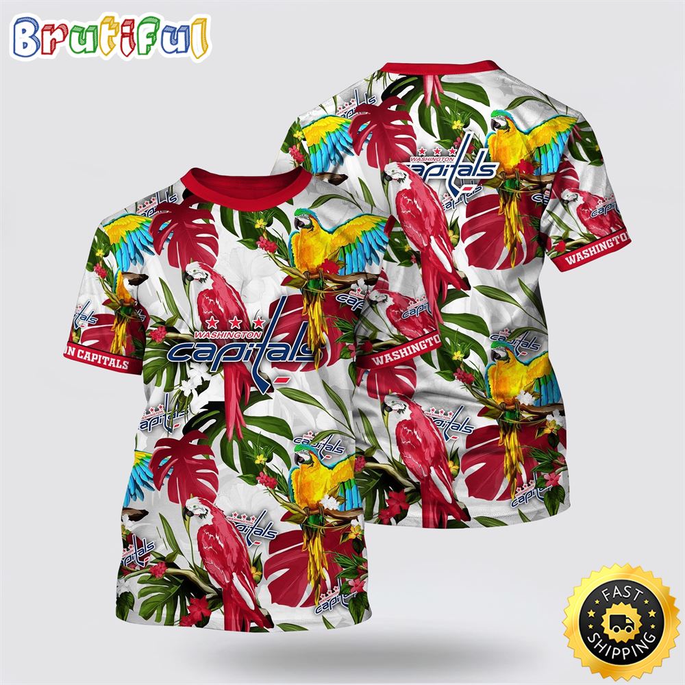 NHL Washington Capitals All Over Print T Shirt Tropical Parrot Pattern Summer T Shirt