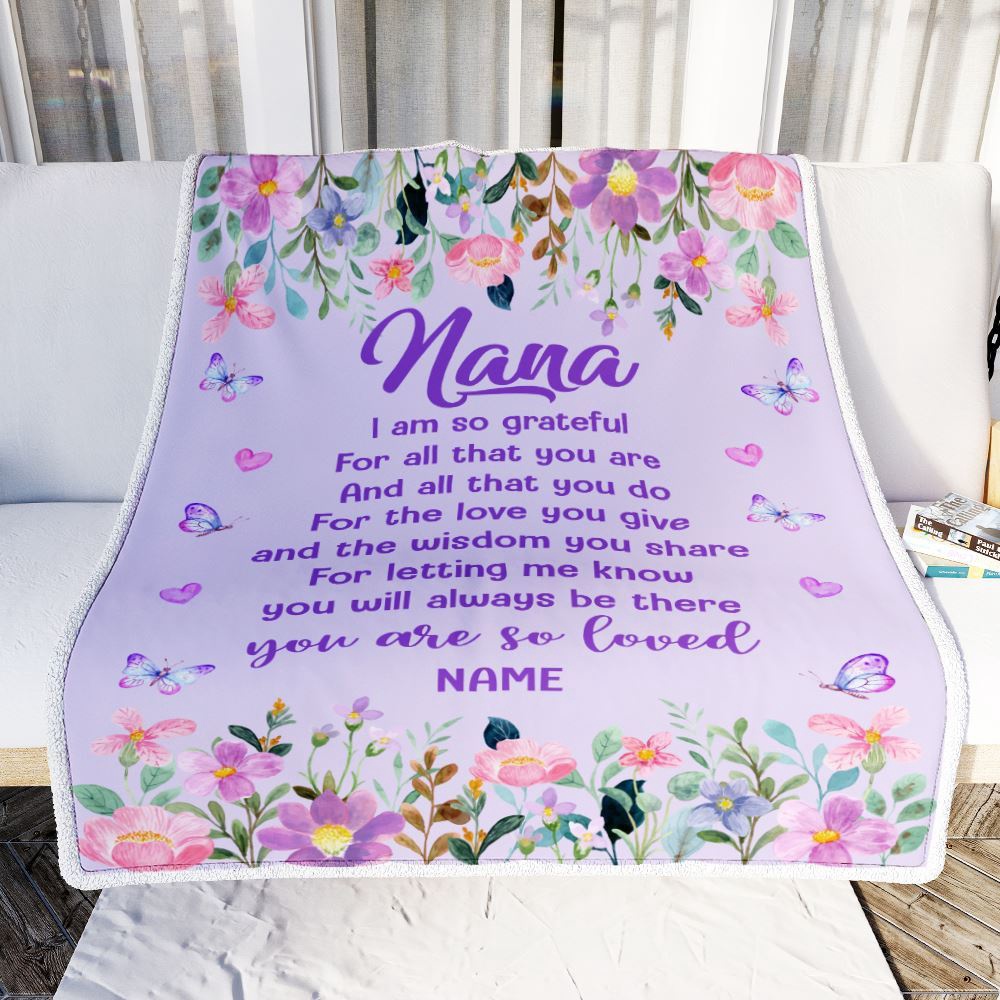 Nana Blanket From Granddaughter Grandson Floral Butterfly Love You Give, Personalized Blanket For Mom, Mother's Day Gifts Blanket
