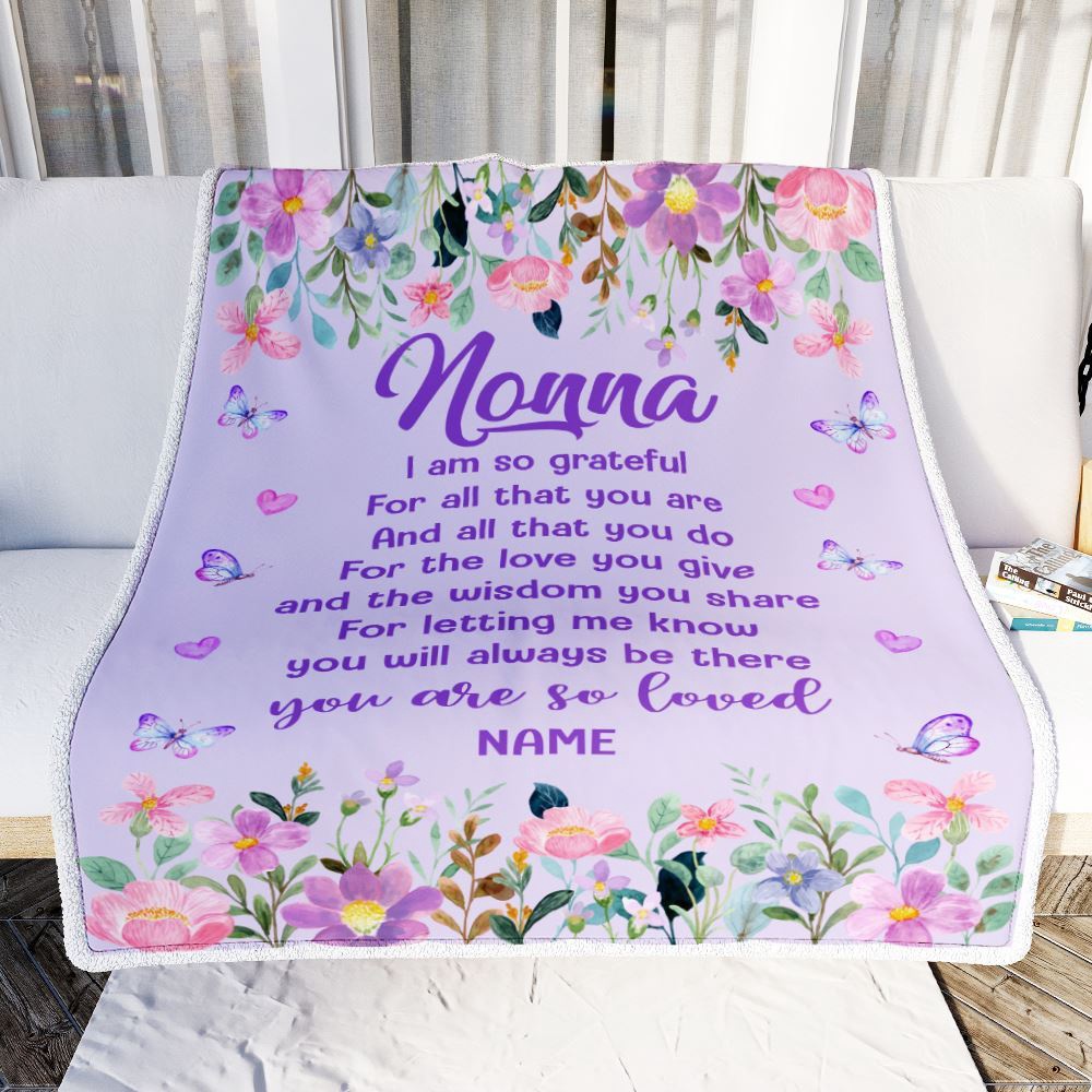 Nonna Blanket From Granddaughter Grandson Floral Butterfly Love You Give, Personalized Blanket For Mom, Mother's Day Gifts Blanket