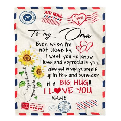 Oma Blanket From Grandkids Love Big Hug Air Mail Letter Sunflower, Personalized Blanket For Mom, Mother's Day Gifts Blanket