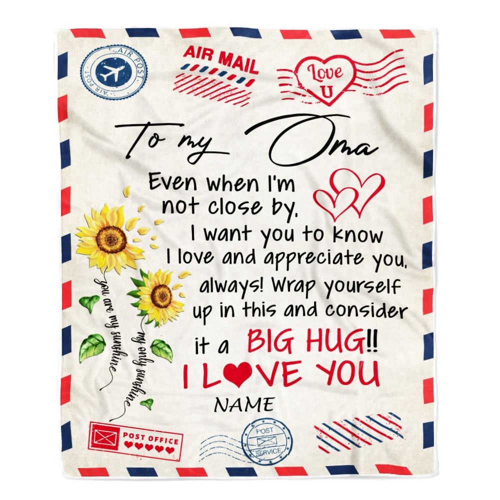 Oma Blanket From Grandkids Love Big Hug Air Mail Letter Sunflower, Personalized Blanket For Mom, Mother's Day Gifts Blanket