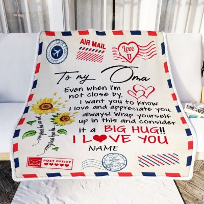 Oma Blanket From Grandkids Love Big Hug Air Mail Letter Sunflower, Personalized Blanket For Mom, Mother's Day Gifts Blanket