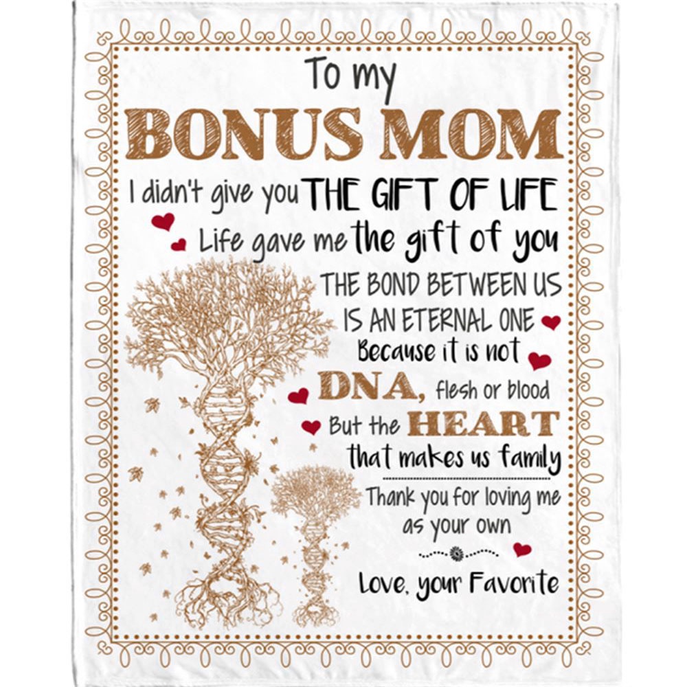 To Bonus Mom Not DNA Heart Make Us Family Thank you Mothers Day Gift Blanket, Blankets For Mothers Day
