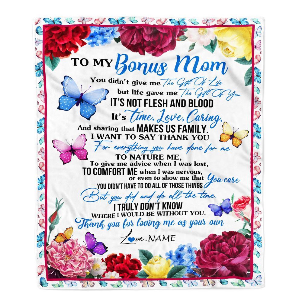 To My Bonus Mom Blanket From Daughter Son Thank You For Loving Me, Personalized Blanket For Mom, Mother's Day Gifts Blanket To My Bonus Mom Blanket From Daughter Son Thank You For Loving Me, Personalized Blanket For Mom, Mother's Day Gifts Blanket