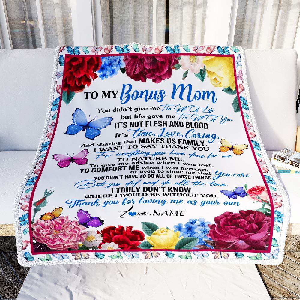 To My Bonus Mom Blanket From Daughter Son Thank You For Loving Me, Personalized Blanket For Mom, Mother's Day Gifts Blanket To My Bonus Mom Blanket From Daughter Son Thank You For Loving Me, Personalized Blanket For Mom, Mother's Day Gifts Blanket