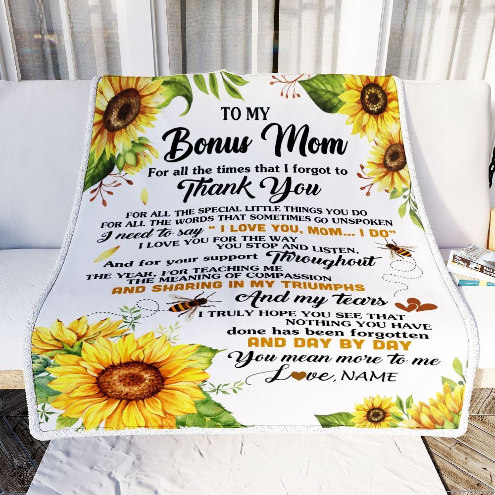 To My Bonus Mom Blanket From Step Daughter Sunflower Thank You I Love You, Personalized Blanket For Mom, Mother's Day Gifts Blanket To My Bonus Mom Blanket From Step Daughter Sunflower Thank You I Love You, Personalized Blanket For Mom, Mother's Day Gifts Blanket
