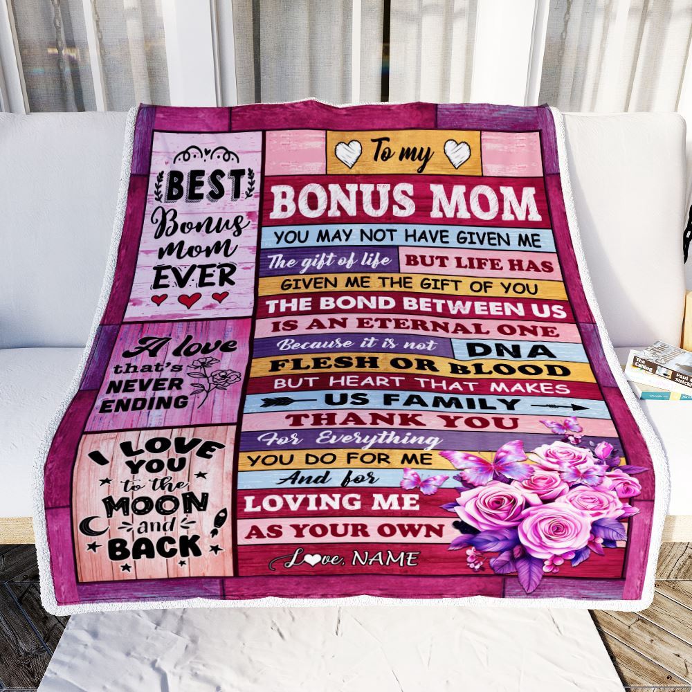 To My Bonus Mom Blanket From Stepdaughter Stepson Wood Thank You For Everything Step, Personalized Blanket For Mom, Mother's Day Gifts Blanket