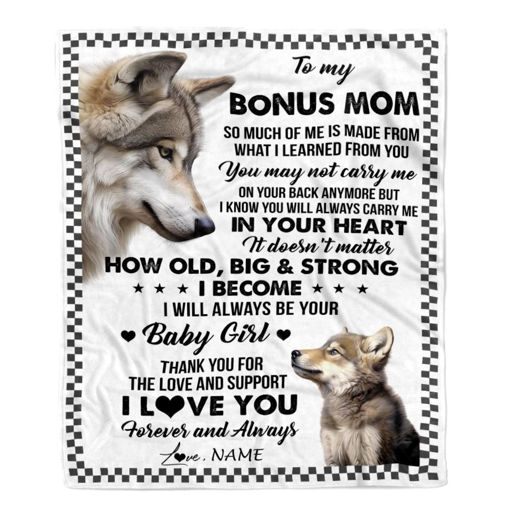 To My Bonus Mom From Step Daughter Blanket Wolf Always Be Your Little, Personalized Blanket For Mom, Mother's Day Gifts Blanket To My Bonus Mom From Step Daughter Blanket Wolf Always Be Your Little, Personalized Blanket For Mom, Mother's Day Gifts Blanket