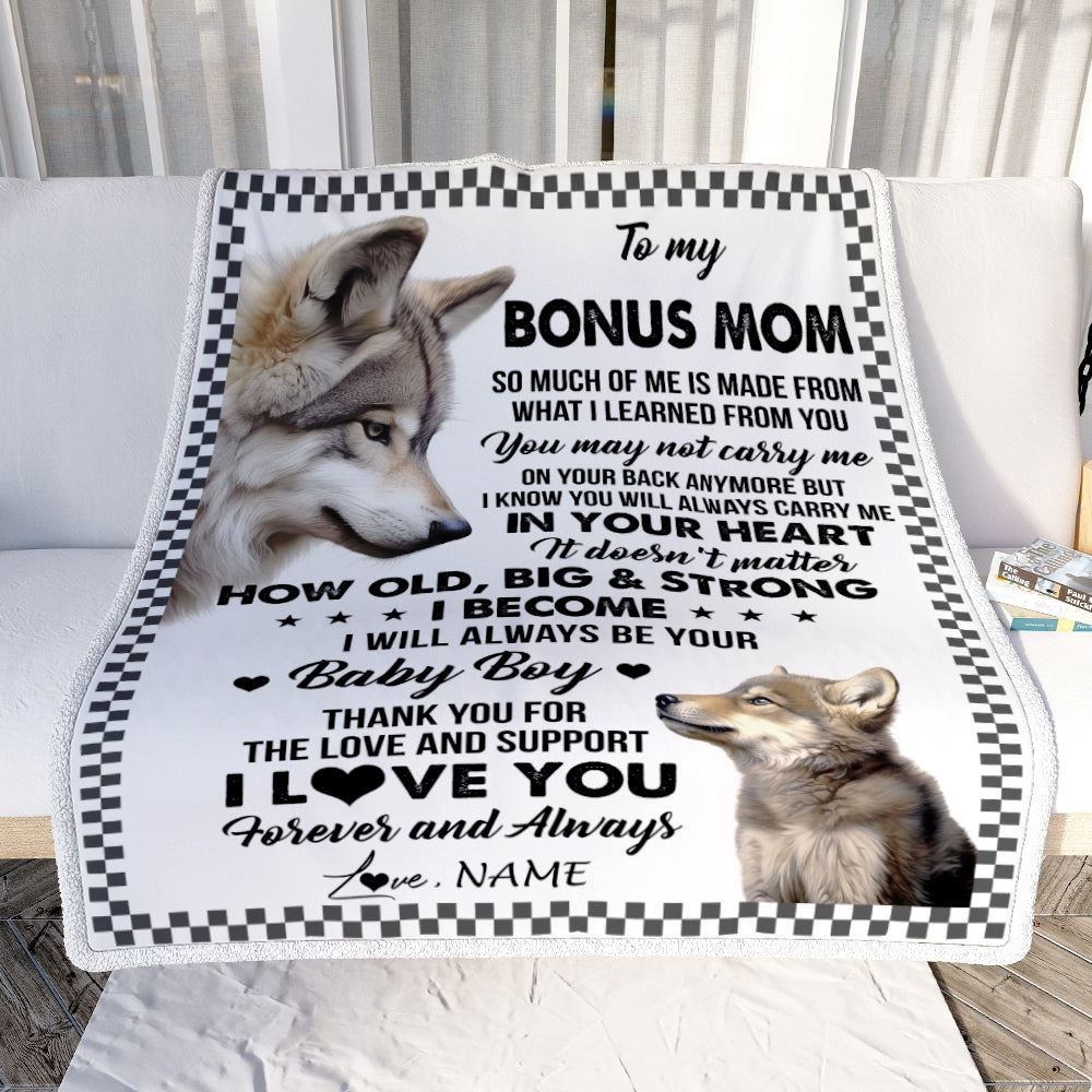To My Bonus Mom From Step Son Blanket Wolf Always Be Your Little, Personalized Blanket For Mom, Mother's Day Gifts Blanket
