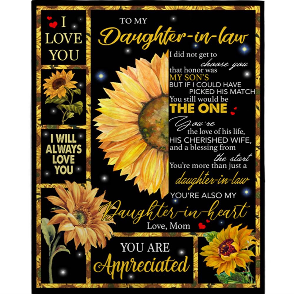 To My Daughter In Law You Are Appreciated In Heart Funny Gift From Mother Mom Sunflower Black Fleece Blanket, Blankets For Mothers Day