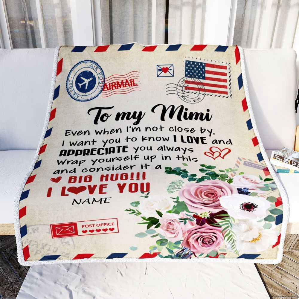 To My Mimi Blanket From Grandkids Floral Air Mail Letter I Love You, Mother Day Blanket, Personalized Blanket For Mom