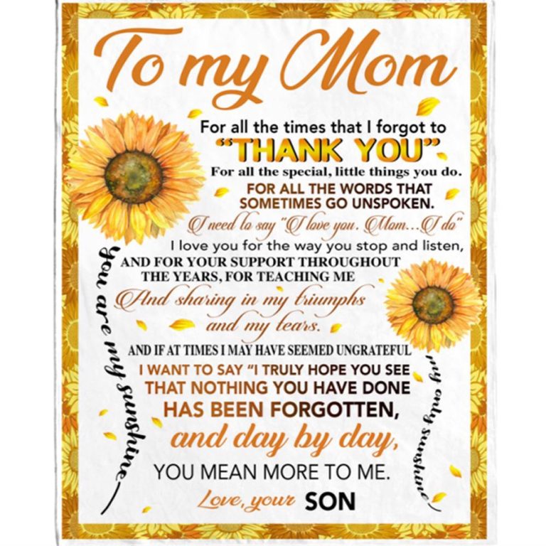 To My Mom Thank You You Are My Sunshine Sunflower I Love You Mother's Day Gift From Son Blanket, Blankets For Mothers Day