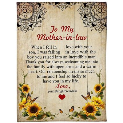 To My Mother-In-Law Blanket Vintage Sunflower & Butterflies Heart Artwork Blanket, Blankets For Mothers Day