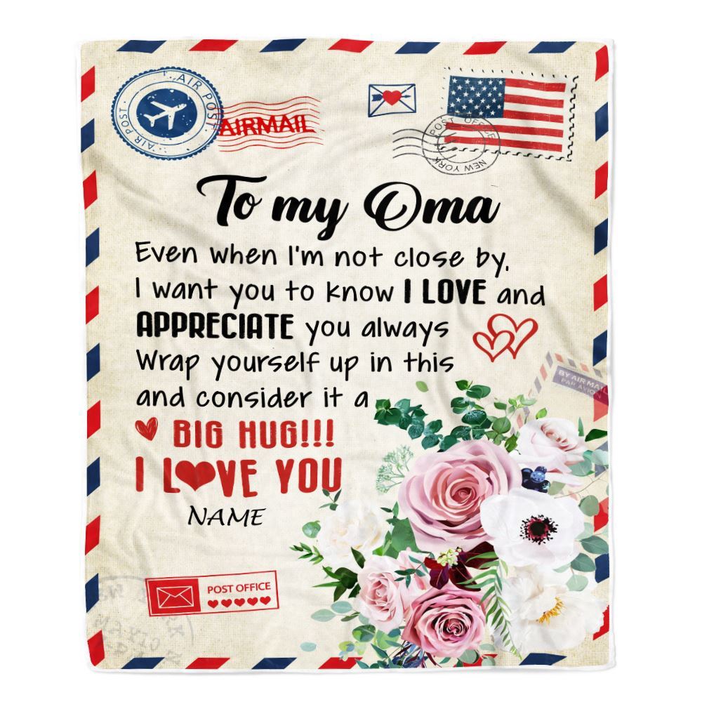 To My Oma Blanket From Grandkids Floral Air Mail Letter I Love You, Mother Day Blanket, Personalized Blanket For Mom