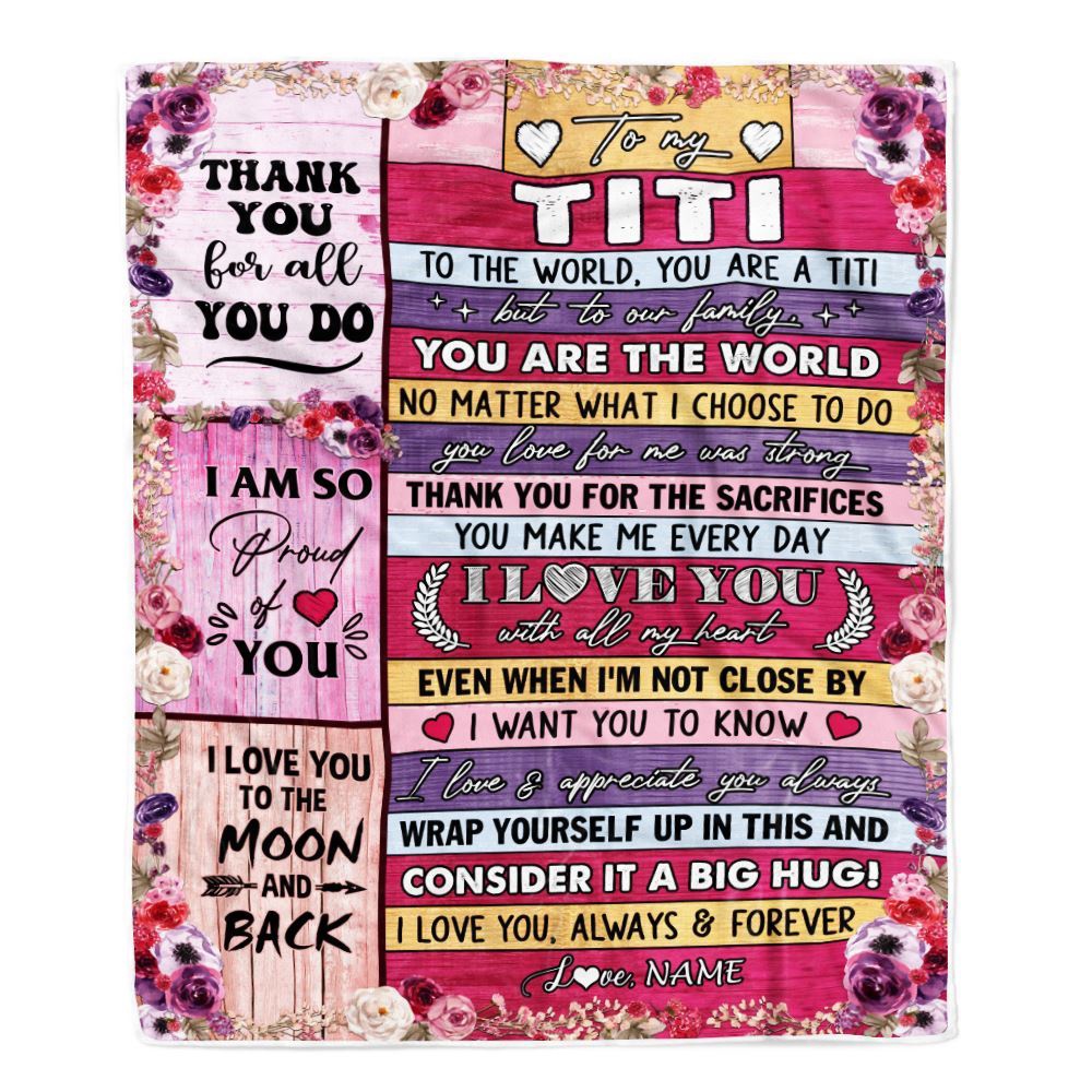 To My Titi Blanket From Niece Nephew Wood Floral Thank You I Love You, Mother Day Blanket, Personalized Blanket For Mom