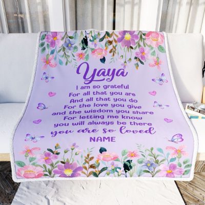 Yaya Blanket From Granddaughter Grandson Floral Butterfly Love You, Mother Day Blanket, Personalized Blanket For Mom