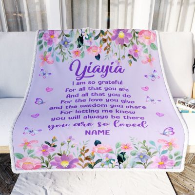 Yiayia Blanket From Granddaughter Grandson Floral Butterfly Love You, Mother Day Blanket, Personalized Blanket For Mom