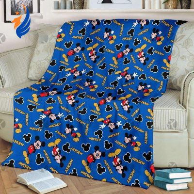 Disney Mickey Mouse Cute Emotionals Pattern In Blue Background Fleece Blanket - Blanket Home Decor Gift