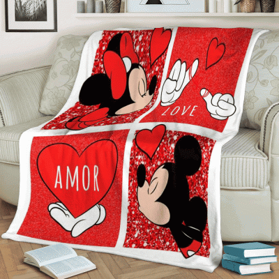 Happy Valentine’s Day Sweet Love Of Mickey Couple Cartoon Disney Lover Sherpa Fleece Quilt Blanket BL2410 - Blanket Home Decor Gift