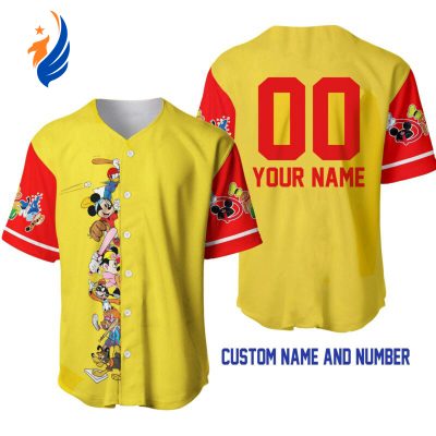 Customized Mickey Minnie & Friends Disney Baseball Jersey – Vibrant Yellow Red Design for Personalization